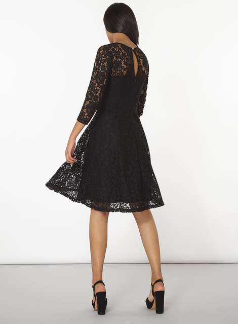 Black 3/4 Sleeve Fit And Flare Dress